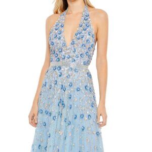 MAC DUGGAL 5654 FLORAL EMBELLISHED HALTER STRAP A-LINE POWDER BLUE GOWN sz 10